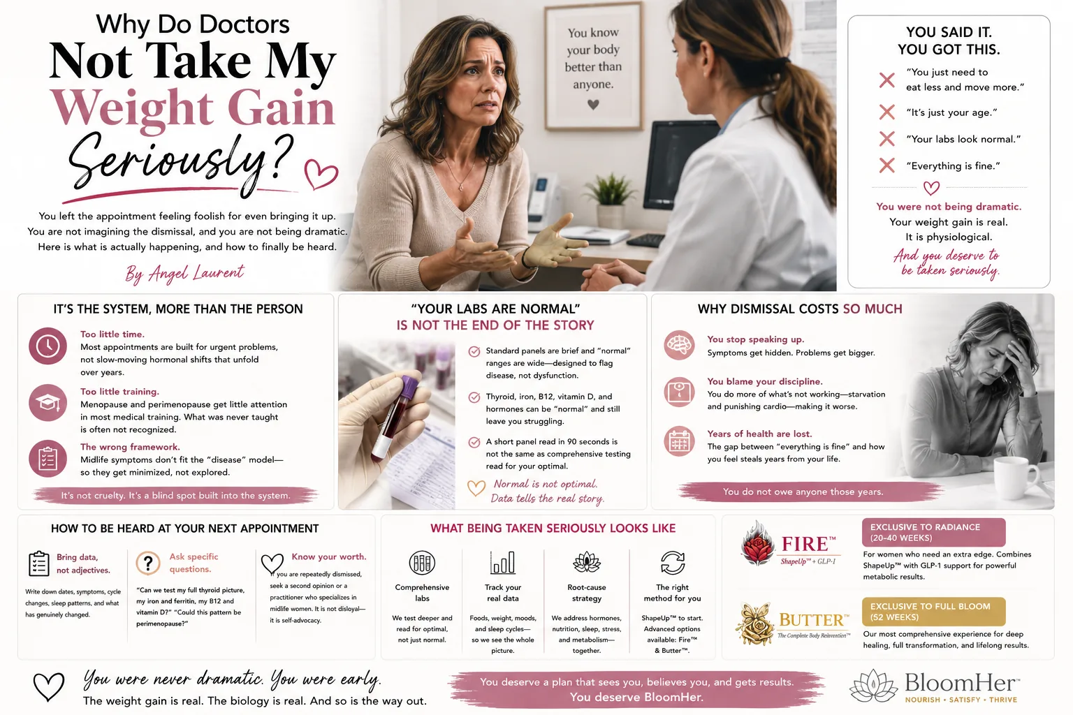 Woman advocating for herself at a medical appointment about midlife weight gain