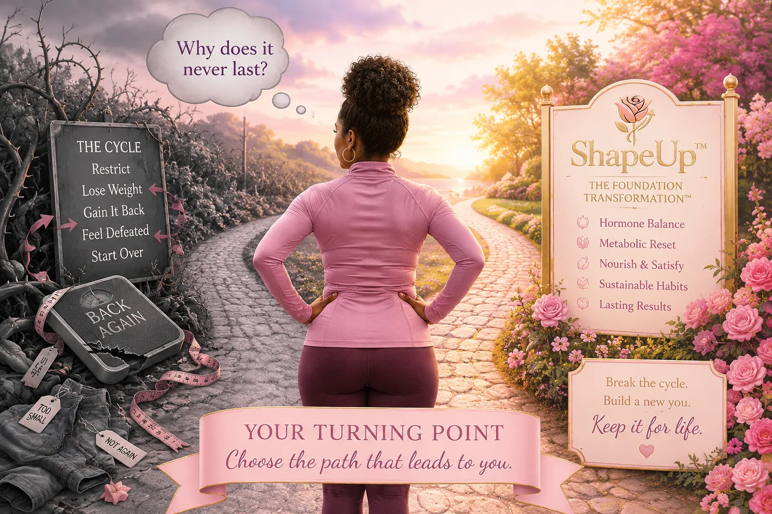Woman standing at a crossroads in her weight loss journey, ready to break the cycle