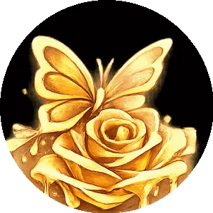 BUTTER emblem, a golden butterfly on a melting rose